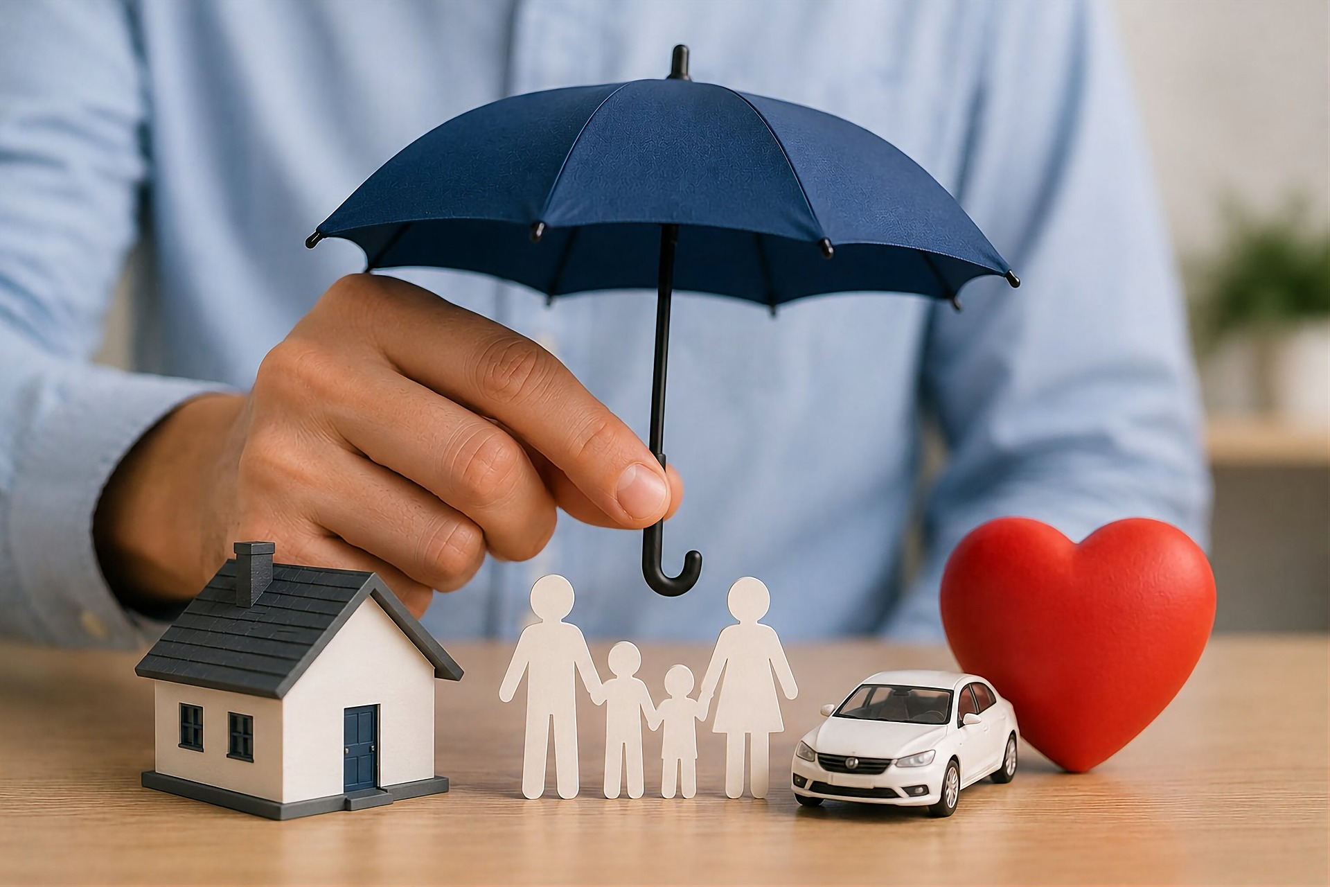 Miniaturas de casa, família e carro sob um guarda-chuva